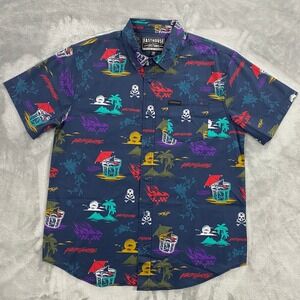 Fasthouse Hideout Button Up Shirt Men‎ Large Indigo Tropical Skull Moto Casual